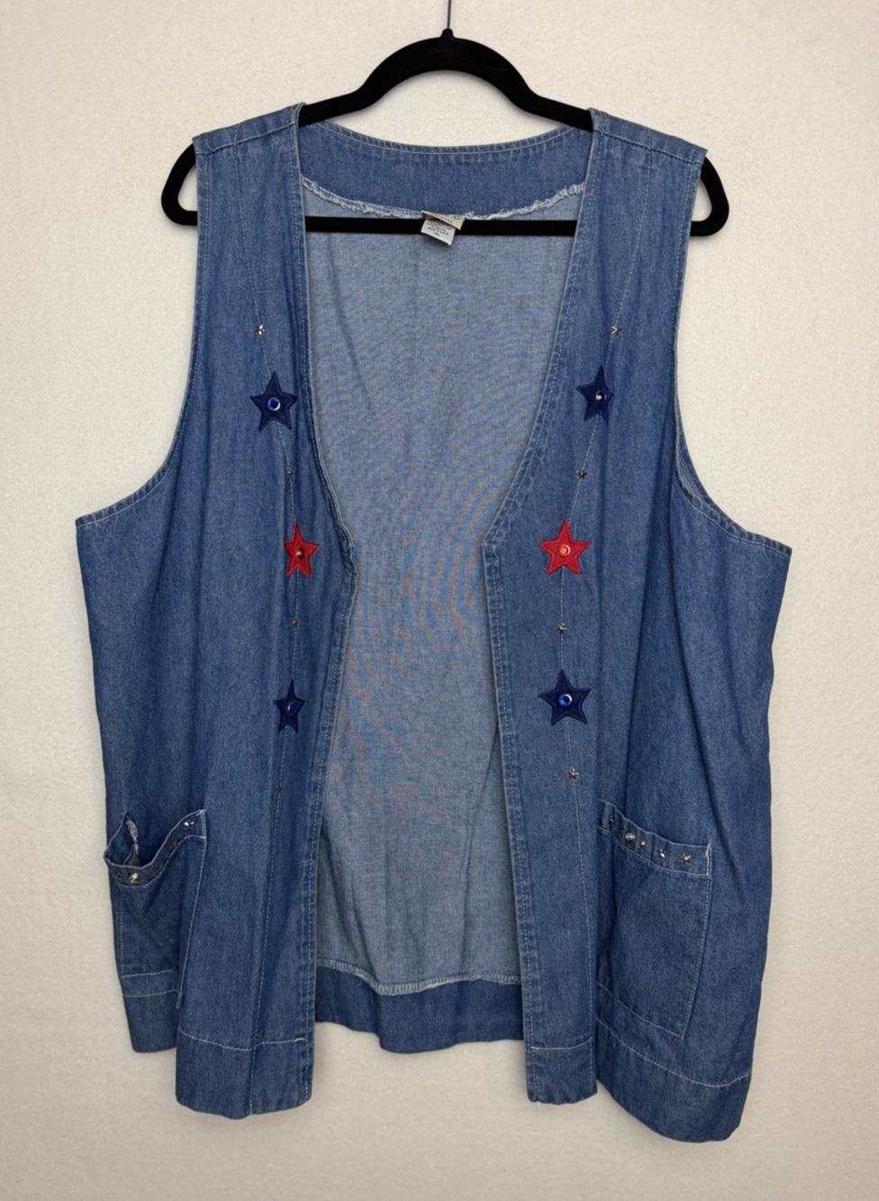 Cactus California Denim Vest Women's Size XL Embroidered Stars Red White Blue